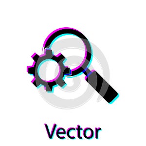 Black Magnifying glass and gear icon isolated on white background. Search gear tool. Business analysis symbol. Vector