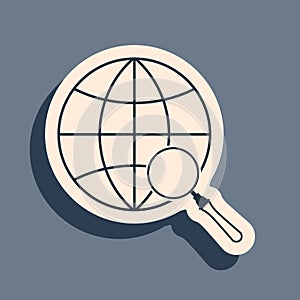 Black Magnifying glass with globe icon isolated on grey background. Analyzing the world. Global search sign. Long shadow