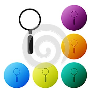 Black Magnifying glass icon isolated on white background. Search, focus, zoom, business symbol. Set icons in color