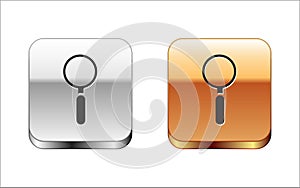 Black Magnifying glass icon isolated on white background. Search, focus, zoom, business symbol. Silver-gold square