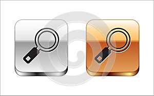 Black Magnifying glass icon isolated on white background. Search, focus, zoom, business symbol. Silver and gold square