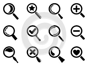 Black magnifying glass icons set