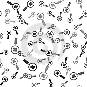 Black Magnifying glass for search medical icon isolated seamless pattern on white background. Hospital search. Vector