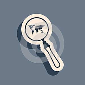 Black Magnifying glass with world map icon isolated on grey background. Analyzing the world. Global search sign. Long