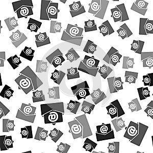 Black Mail and e-mail icon isolated seamless pattern on white background. Envelope symbol e-mail. Email message sign