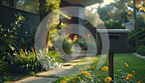 A black mailbox with a red stripe on the front by AI generated image