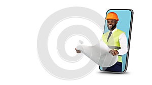 Black Male Civil Engineer With Blueprints Peeking Out Of Big Smartphone Screen