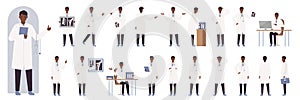 Black male doctor poses set, confident explainer wearing uniform, standing and sitting