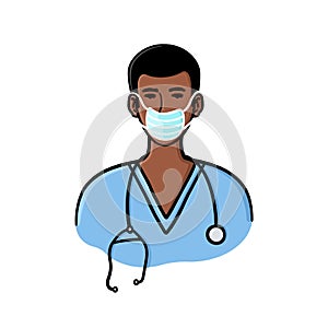 Black male doctor in uniform wearing surgical mask illustration