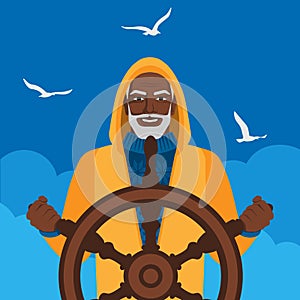 Black male fisherman at helm against cloudy sky and seagulls