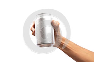 Black male hand holding aluminum can no background