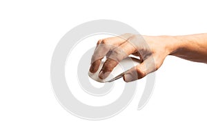 Black male hand using computer mouse on white background