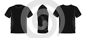 Black male t-shirt realistic mockup set from side, front and back view on white background, blank textile print design template