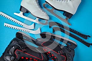 Black male and white female ice skates on a blue background