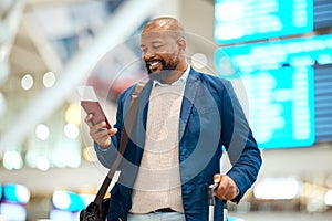 Black man in airport with passport, ticket and smile, travelling to foreign country for business trip. Visa, travel and