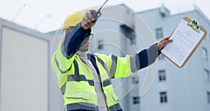 Black man, architect and walkie talkie in city for construction management, inspection or maintenance. African male