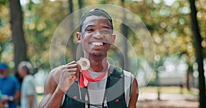 Black man, athlete and happy face with medal for winning or success, marathon and long distance running. Sportsman