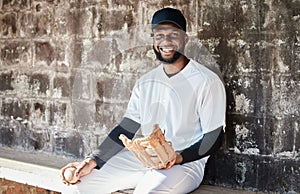 Black man, baseball or catch glove portrait on sports, stadium or arena bench for game, match or competition. Smile