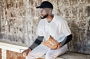 Black man, baseball or catch glove on sports, stadium or arena bench for game, match or serious competition