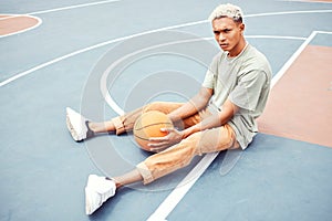 Black man, basketball court and portrait for fashion, sports or outdoor fitness in summer sunshine. Urban man