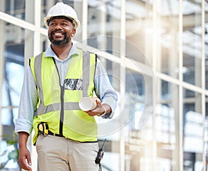 Black man, blueprint or construction manager walking in building site for project management. Engineering, contractor or
