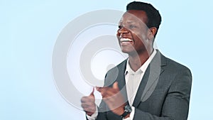 Black man, business and applause for success and praise for excellence in studio with happiness on blue background