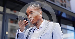 Black man, business phone call and speaker in city for assistant, chat and networking in metro street. African