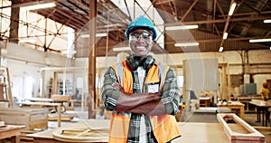 Black man, carpenter with face and arms crossed in workshop for wood work, trade and confident in workplace. Pride