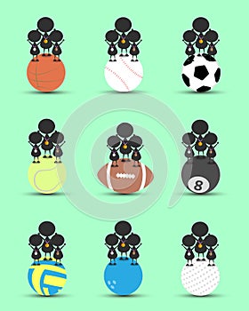 Black man character cartoon stand on single sports ball and get bronze silver gold medal . Flat graphic. logo design.