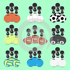 Black man character cartoon stand on sports balls and get bronze silver gold medal . Flat graphic. logo design. sports cartoon.