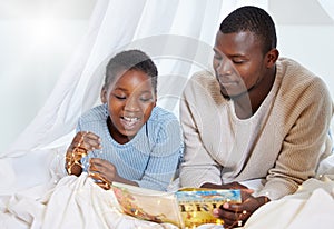 Black man, child and bed with book for story time, fairy tale or fantasy for imagination, learning or bonding at home
