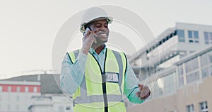 Black man, construction and worker with phone call in city for civil engineering, building industry or site contractor