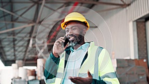 Black man, contractor and talking with phone call for logistics, distribution or inventory at warehouse. African or male