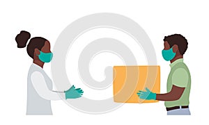 Black man delivery courier in a medical mask and gloves gives a woman a box, side view. Service coronavirus. Online shopping
