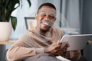 Black man, digital tablet and social media, living room home and streaming app, reading ebook or online shopping on