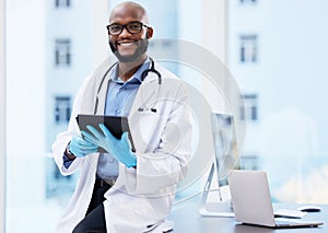 Black man, doctor and happy with tablet for results or report as healthcare worker. Portrait, cardiologist and smile