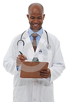 Black man, doctor and writing on clipboard in studio for administration, healthcare information or policy on white