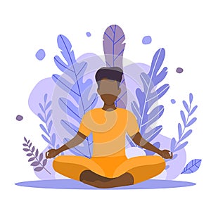 A black man is doing yoga. Vector illustration for meditation centers, yoga in nature, illustration for the application of