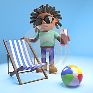 Black man with dreadlocks with deckchair, drink and beachball, 3d illustration