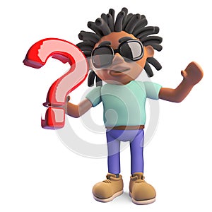 Black man with dreadlocks holding a question mark symbol, 3d illustration