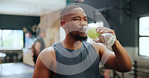 Black man, drinking water and fitness in gym, healthy body and wellness after training. Bottle, thirsty and serious