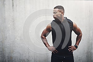 Black man, exercise and wall background with fitness muscle or mockup space, strong or performance. Male person