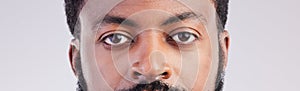 Black man, eyes and face portrait in studio for vision, focus and serious expression to stare. African male person on a
