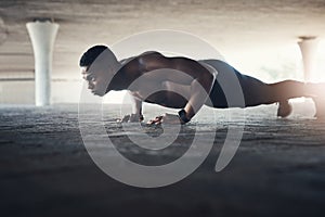 Black man, fitness and cardio with push ups for exercise, muscle training and endurance in Atlanta. Bodybuilder, serious