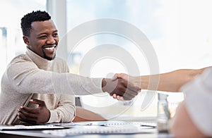 Black man, handshake and partnership, success in interview with onboarding, promotion and working together