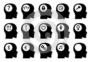 Black man head silhouettes icons with different thoughts isolated on white background, vector illustration