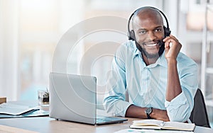Black man, headset and sale agent in office, laptop and call centre operator or secretary. Male person, insurance and