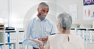 Black man, healthcare and tablet with patient for consultation, checkup or results at clinic. Medical professional