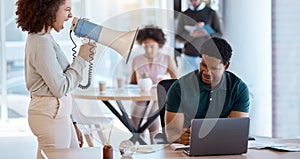 Black man, laptop and boss on megaphone angry or shouting at employee. Loudspeaker, leader and business woman with