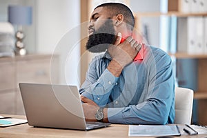 Black man, laptop and neck pain from injury, accident or overworked with ache or inflammation at office. African